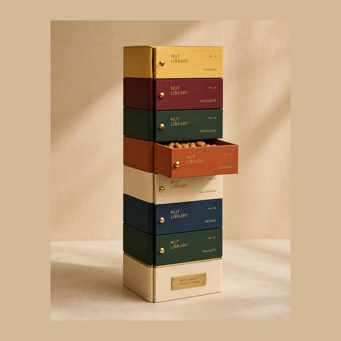 Eight leather drawer boxes stacked as a tower, one drawer open on cashews, lettered Nut Library