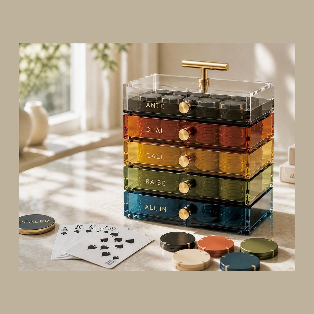 A five-drawer acrylic chest of poker chips lettered Ante, Deal, Call, Raise, All In, with a brass handle