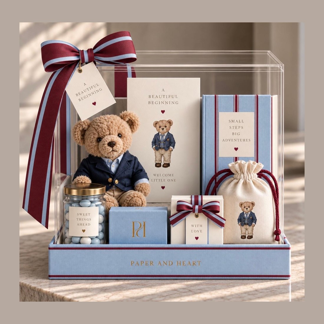 A baby-welcome hamper in blue and maroon: a teddy in a blazer, candy jar, cards and a printed potli