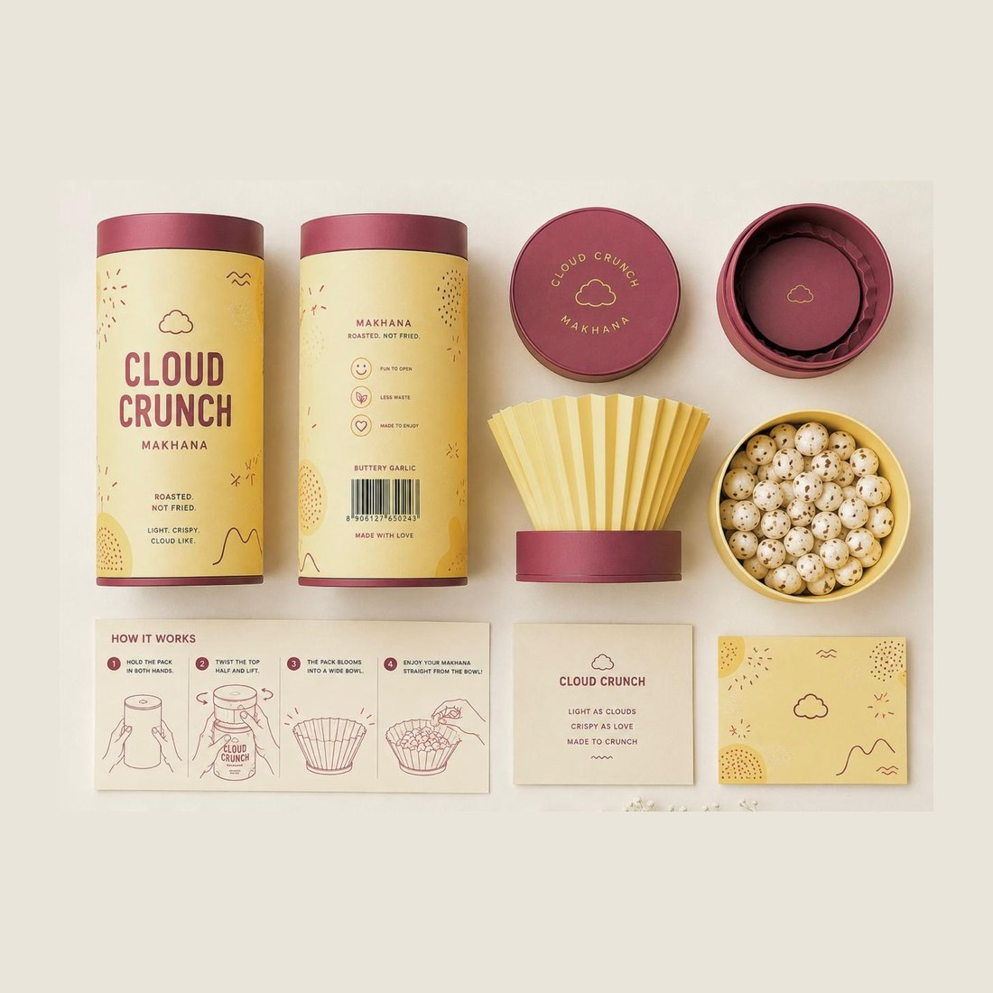 A snack brand's full identity in one flat-lay: canisters, lids, a pleated bowl and instruction cards in yellow and plum