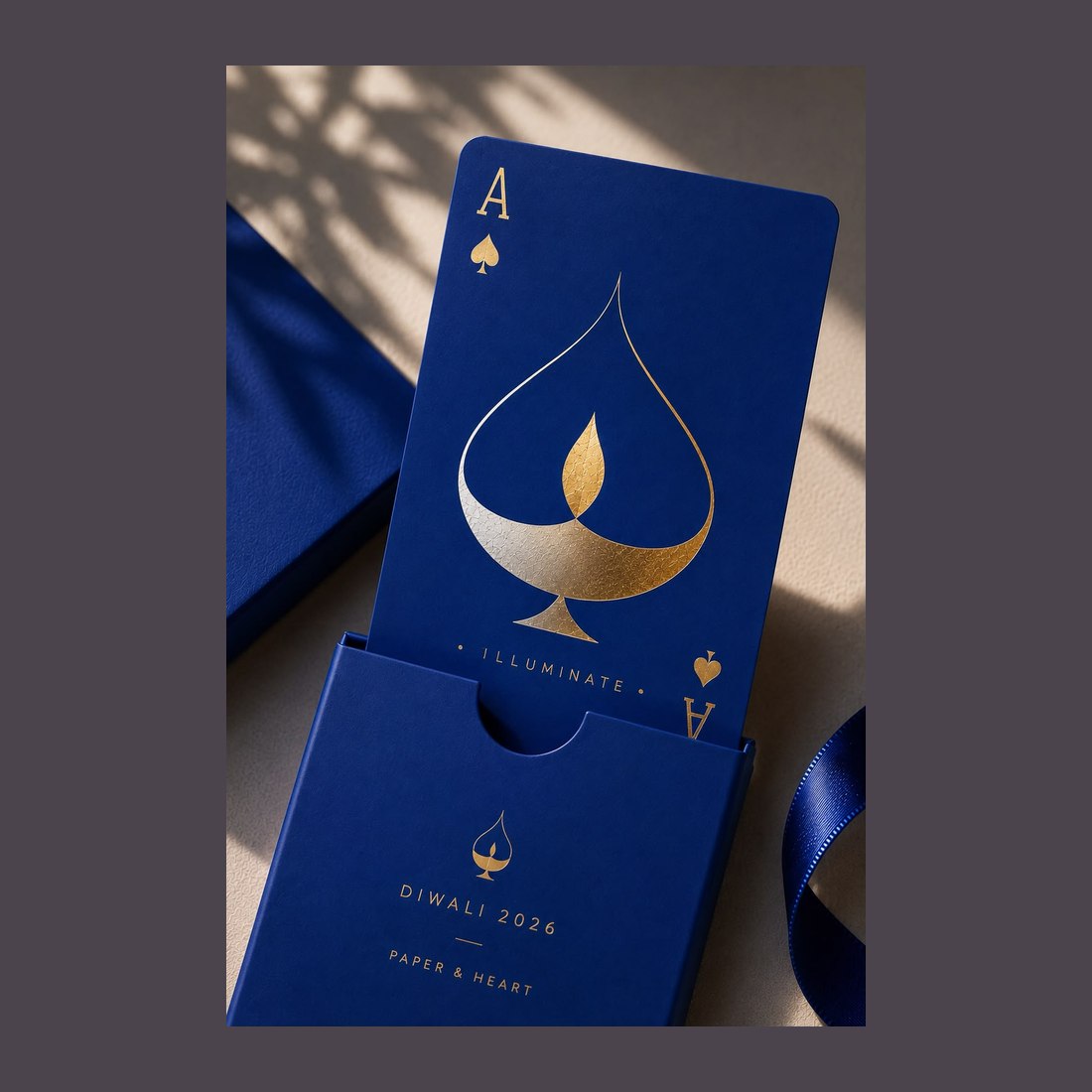 A navy ace of spades drawn as a gold diya, sliding from its Diwali sleeve