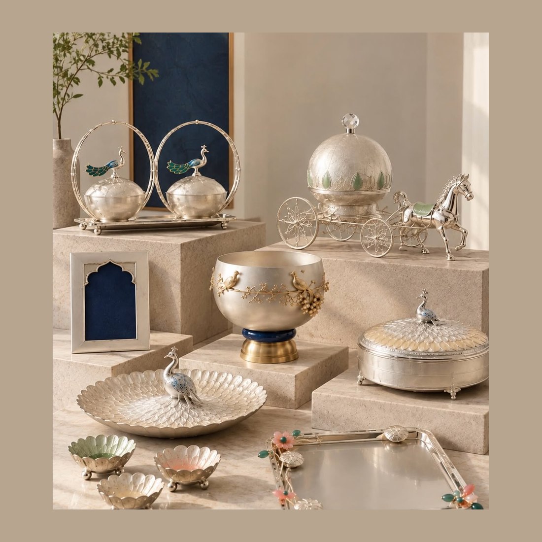 A court of silver pieces on stone plinths: peacock trays, a horse-drawn carriage, bowls and boxes