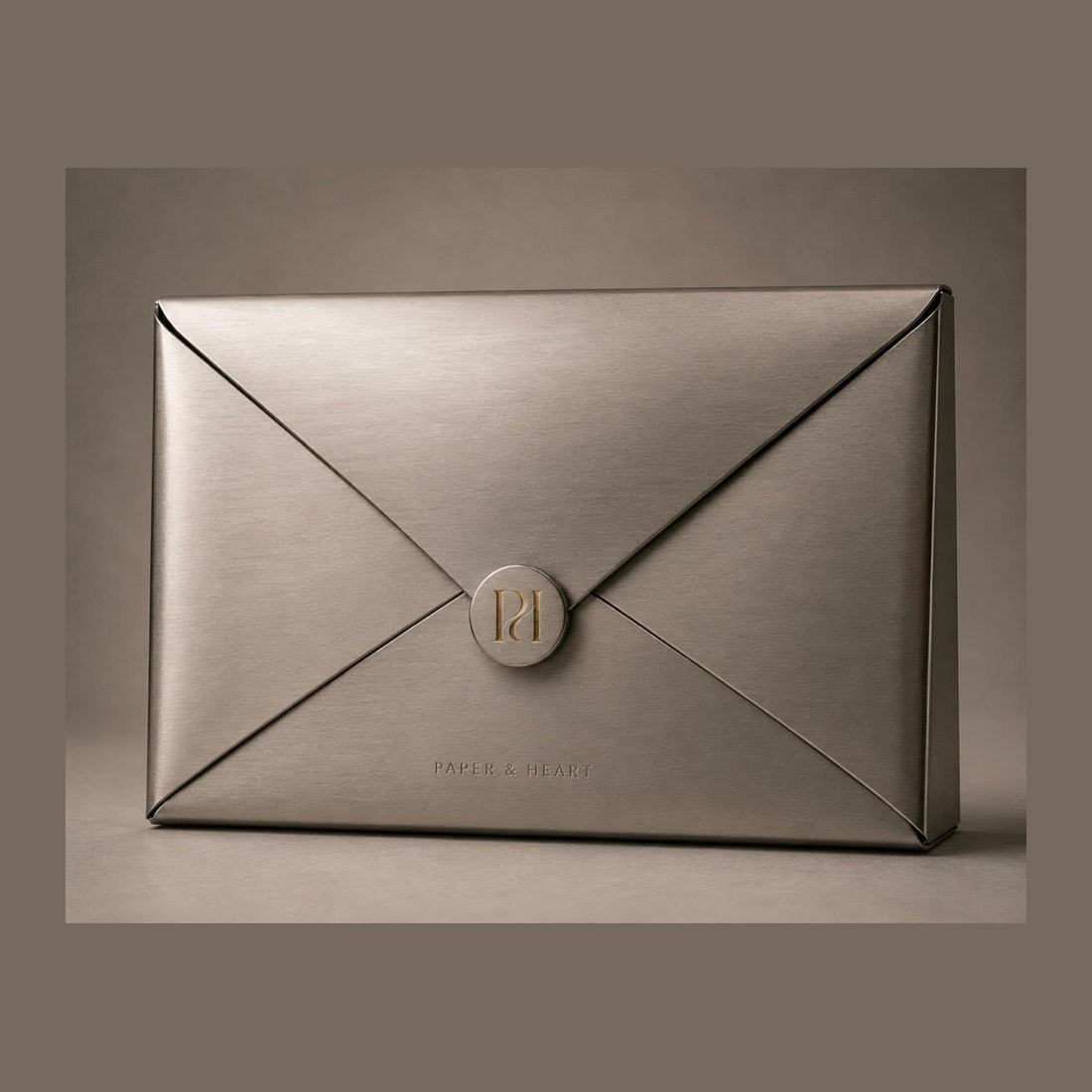 A brushed-steel envelope box closed with a round monogram seal