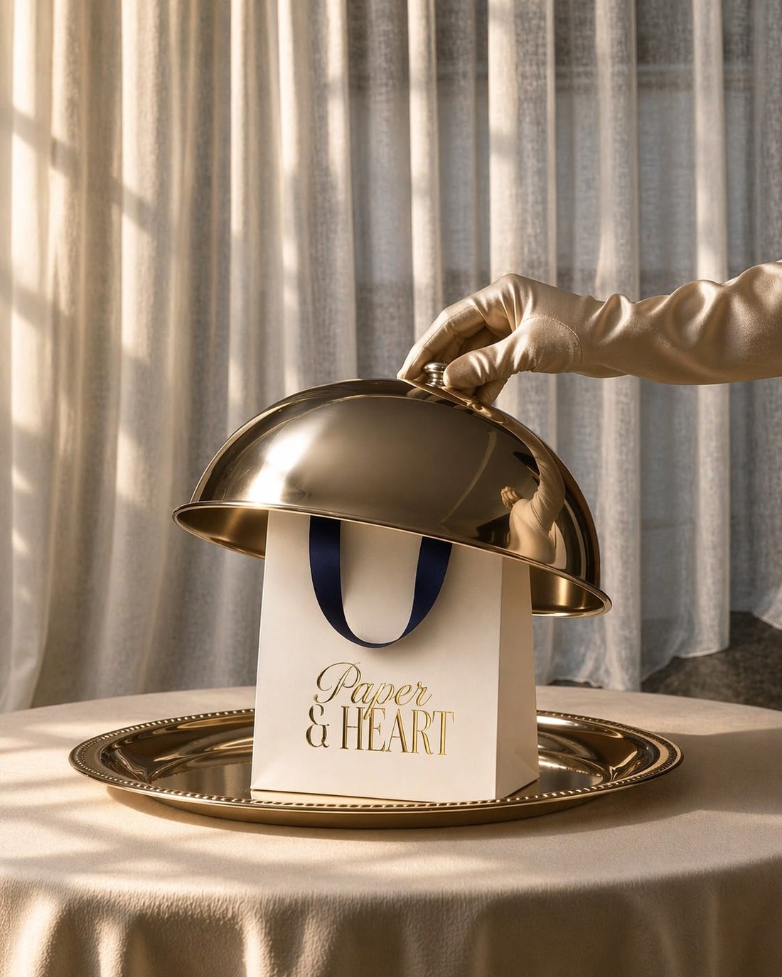 A gloved hand lifting a gold cloche to reveal a Paper & Heart bag on a silver tray
